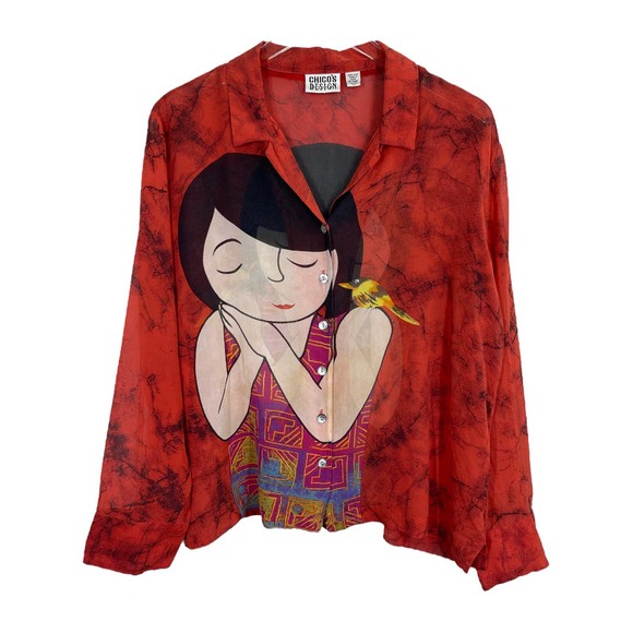 Chico's Tops - Vintage Chico's Silk Asian Girl Bird Top 2 Large Red Semi Sheer Novelty Graphic